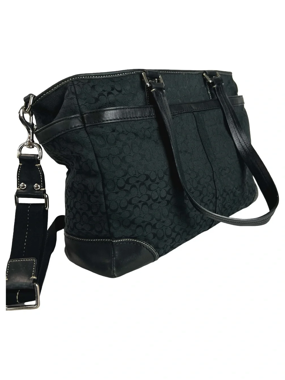 Coach Signature Stripe Multifunction Diaper Tote Bag Black Canvas Blue Interior